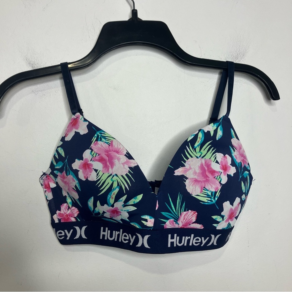 Hurley wire‎ free bra tropical floral pattern blue pink women’s size 34C
